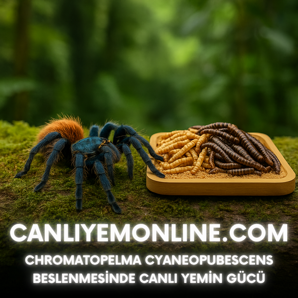 Chromatopelma cyaneopubescens beslenmesinde, doğadaki gibi avlanma reflekslerini koruması ve güçlü kalabilmesi için un kurdu, morio kurdu, gibi canlı yemler en ideal seçeneklerdir.