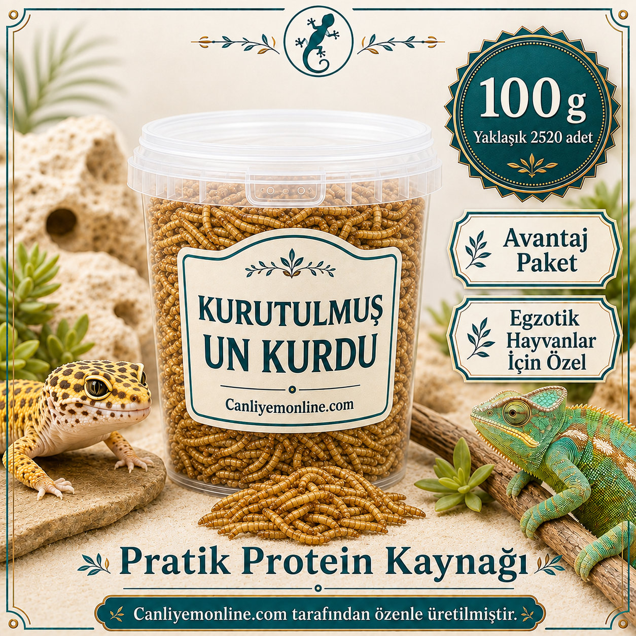 KOÇLAR Kurutulmuş Un Kurdu | Egzotik Hayvanlar İçin | 100 Gr Yaklaşık 2520 Ad.