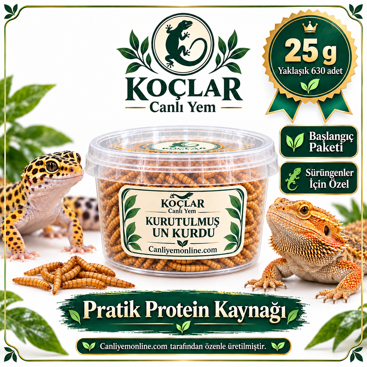 KOÇLAR Sürüngenler İçin Kurutulmuş Yem Un Kurdu 25 Gr - Yaklaşık 630 Ad.