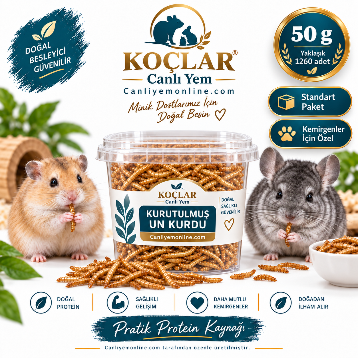 KOÇLAR Kemirgenler İçin Kurutulmuş Yem Un Kurdu 50 Gr - Yaklaşık 1260 Adet